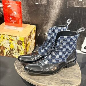 Stylish Black and Blue Checkered John Fluevog Boots